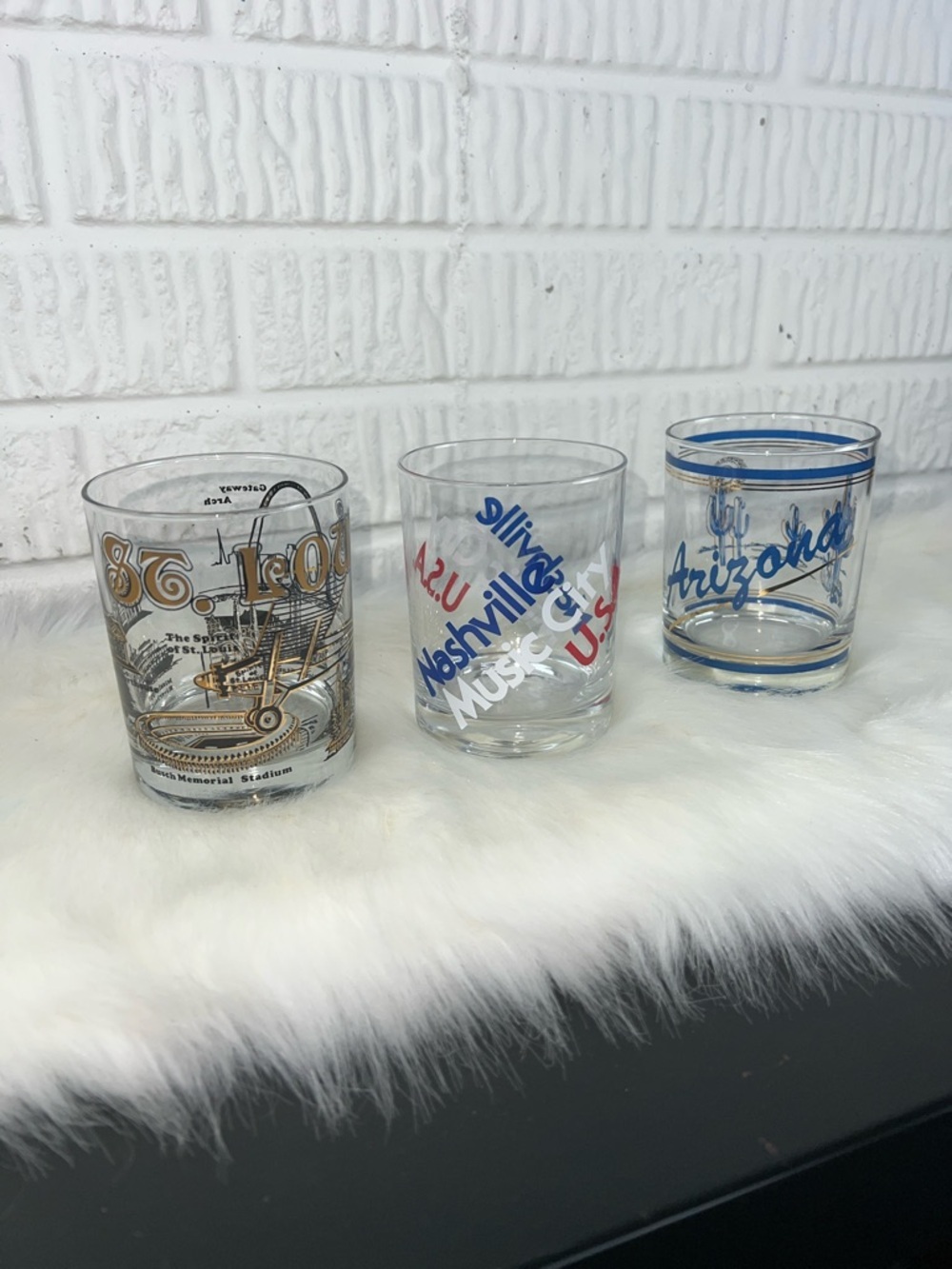 Vintage Clear Glass Souvenir Shot Glasses with Blue and Gold Accents
